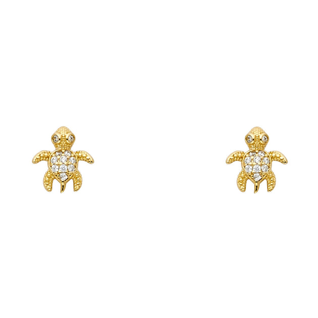 14K Gold Tiny Little Turtle Safety Back Earrings with Sparkly CZ | Jewelry Vine