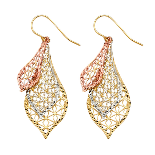 14K Gold Fancy Leaf Dangling Drop Hanging Earrings