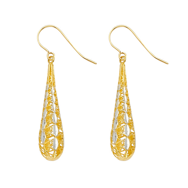 14K Gold Fancy Filgree Tear Drop Dangling Hanging Earrings