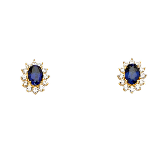 14K Gold Oval Blue CZ Stone Earrings