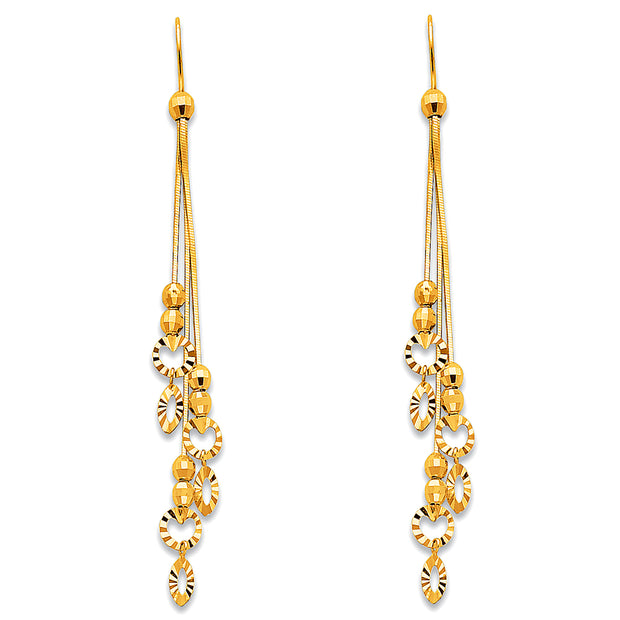 14K Gold Tassel Bead and Diamond cut circle Dangle Earrings