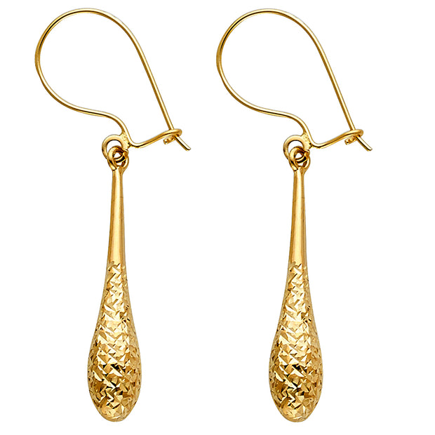 14K Gold Diamond Cut Hollow Teardrop Hanging Earrings