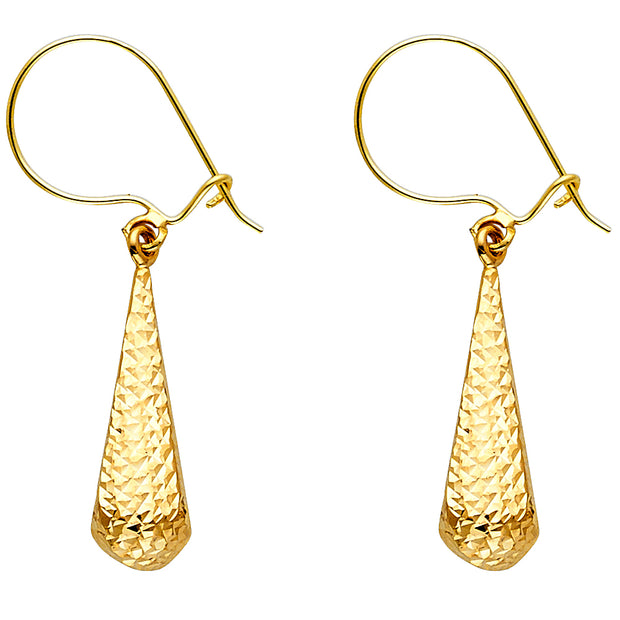 14K Gold Diamond Cut Hollow Teardrop Hanging Earrings