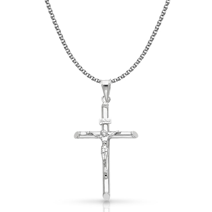 14K Gold Crucifix Cross Pendant with 1.5mm Flat Open Wheat Chain