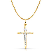 14K Gold Crucifix Cross Pendant with 1.5mm Flat Open Wheat Chain