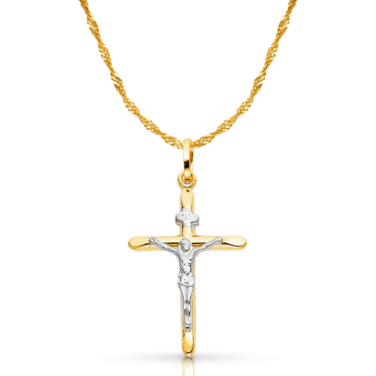 14K Gold Crucifix Cross Pendant with 1.2mm Singapore Chain