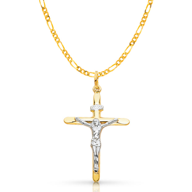 14K Gold Crucifix Cross Pendant with 2.3mm Figaro 3+1 Chain