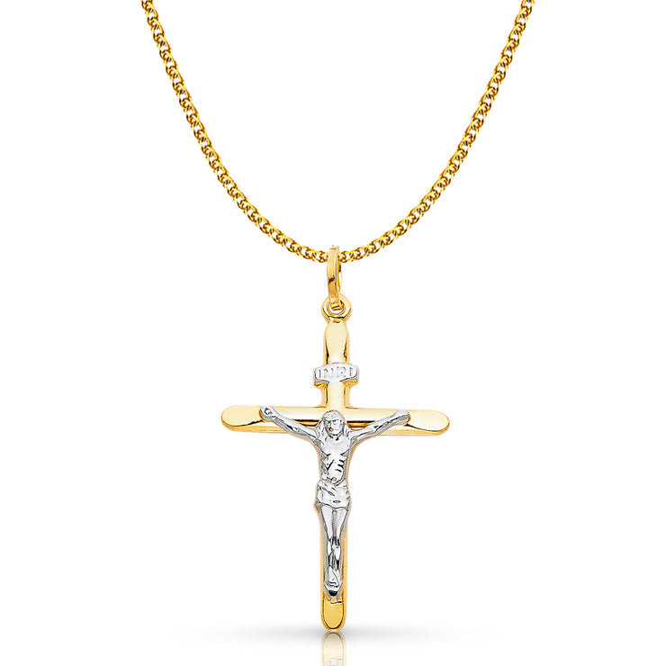 14K Gold Crucifix Cross Pendant with 2mm Flat Open Wheat Chain