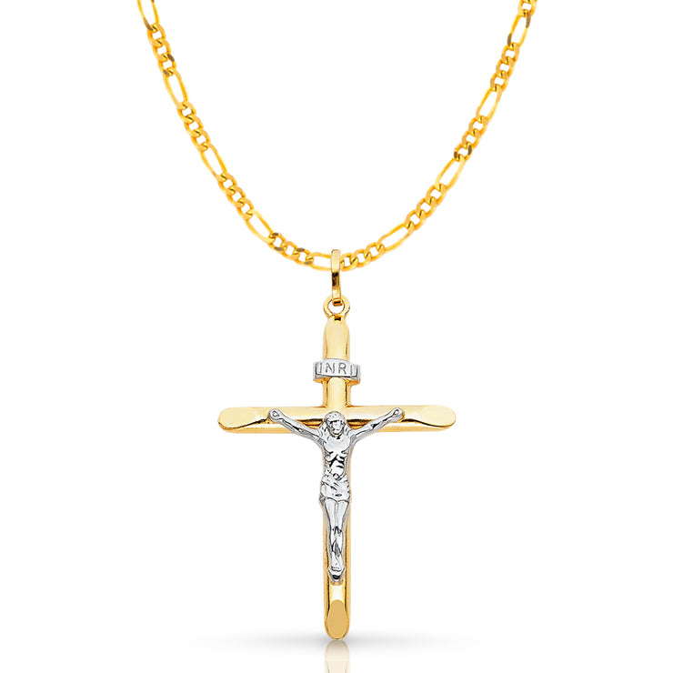 14K Gold Crucifix Cross Pendant with 3.1mm Figaro 3+1 Chain