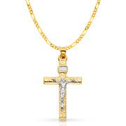 14K Gold Crucifix Cross Pendant with 2.3mm Figaro 3+1 Chain