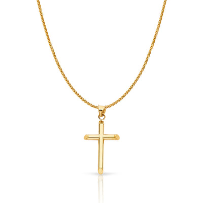 14K Gold Classic Cross Charm Pendant with 1.1mm Wheat Chain Necklace