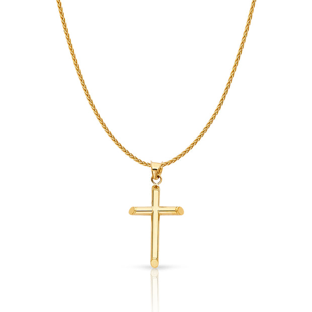 14K Gold Classic Cross Charm Pendant with 1.1mm Wheat Chain Necklace