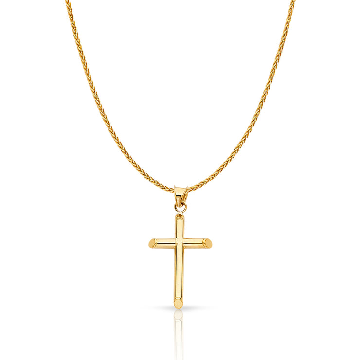 14K Gold Classic Cross Charm Pendant with 1.1mm Wheat Chain Necklace