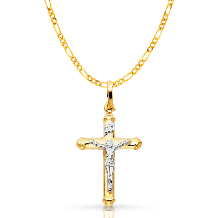 14K Gold Crucifix Cross Pendant with 2mm Figaro 3+1 Chain