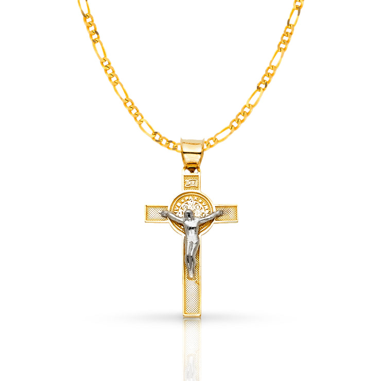 14K Gold Crucifix Cross Pendant with 2mm Figaro 3+1 Chain