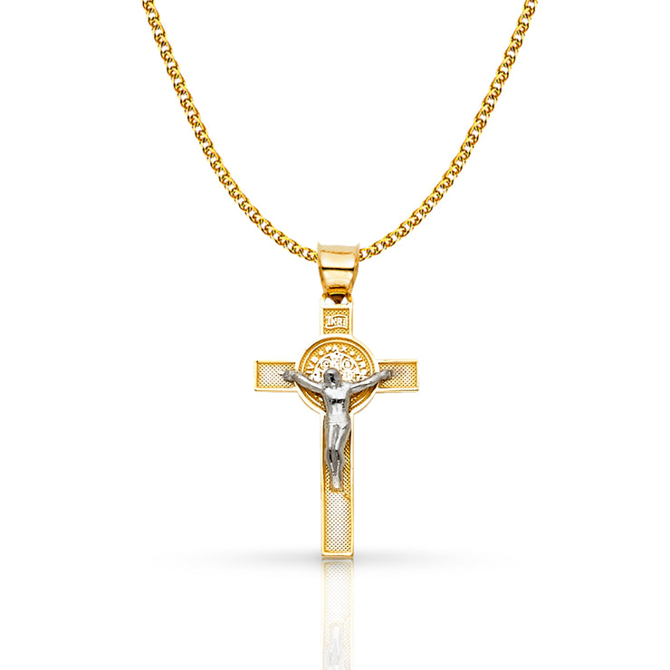 14K Gold Crucifix Cross Pendant with 1.5mm Flat Open Wheat Chain