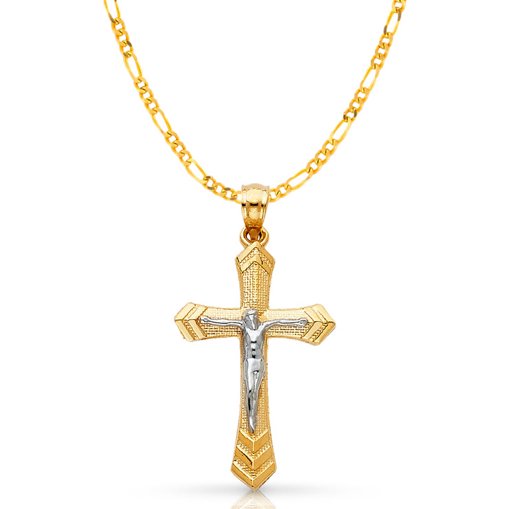 14K Gold Crucifix Cross Pendant with 2mm Figaro 3+1 Chain