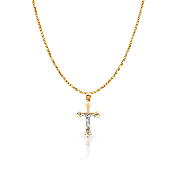 14K Gold Jesus Crucifix Cross Charm Pendant with 1.1mm Wheat Chain Necklace