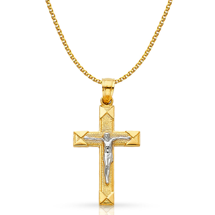 14K Gold Crucifix Cross Pendant with 1.5mm Flat Open Wheat Chain