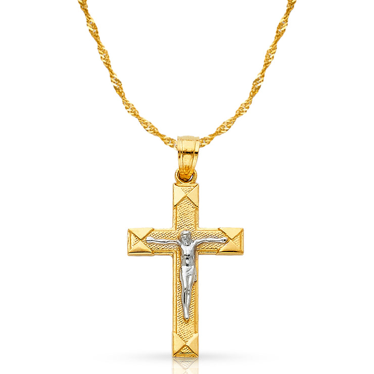 14K Gold Crucifix Cross Pendant with 1.2mm Singapore Chain