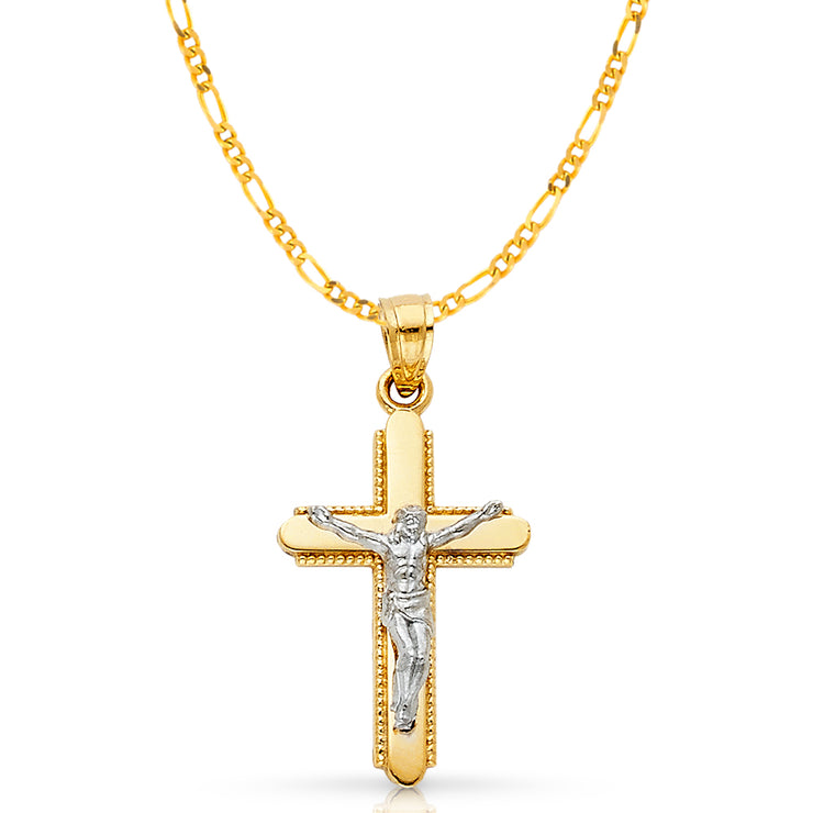 14K Gold Crucifix Cross Pendant with 2.3mm Figaro 3+1 Chain