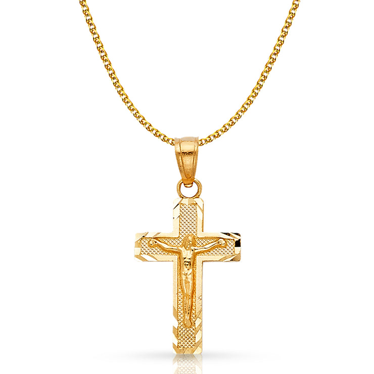 14K Gold Crucifix Cross Pendant with 1.5mm Flat Open Wheat Chain