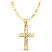 14K Gold Crucifix Cross Pendant with 2.3mm Figaro 3+1 Chain