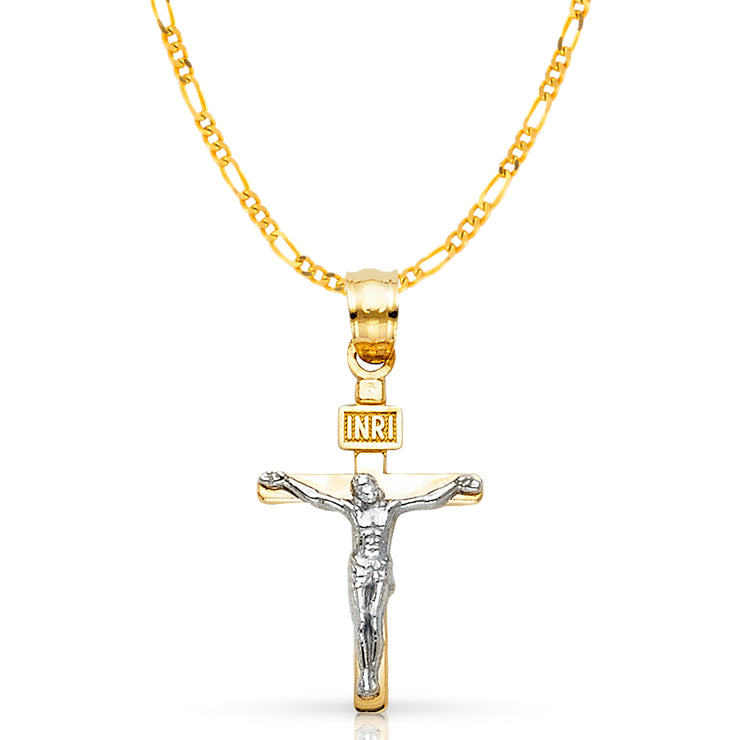 14K Gold Crucifix Cross Pendant with 2.3mm Figaro 3+1 Chain