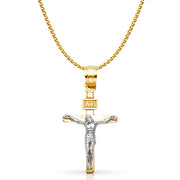 14K Gold Crucifix Cross Pendant with 1.5mm Flat Open Wheat Chain