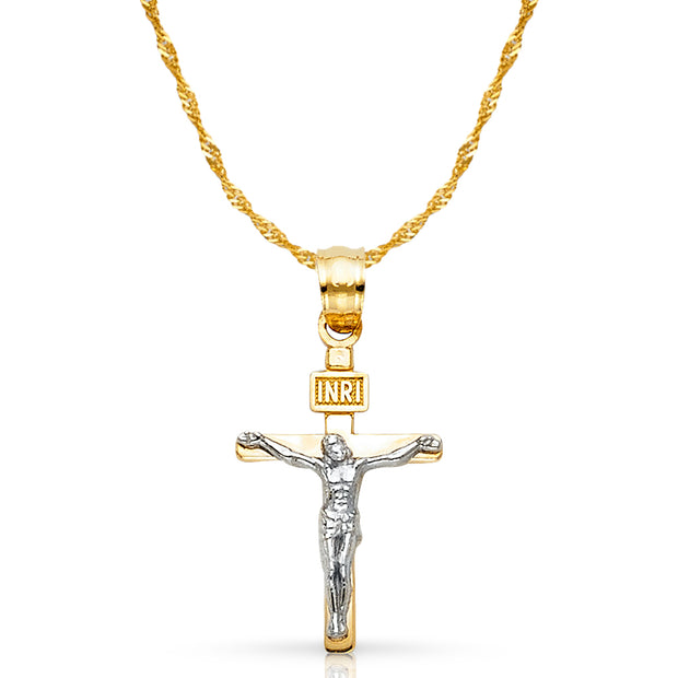 14K Gold Crucifix Cross Pendant with 1.2mm Singapore Chain