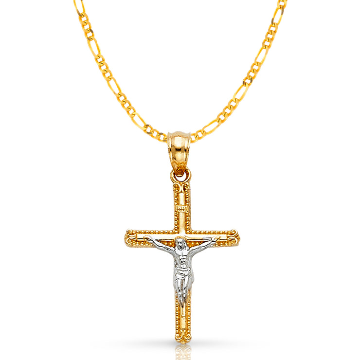 14K Gold Crucifix Cross Pendant with 2.3mm Figaro 3+1 Chain