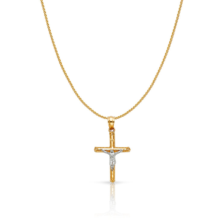 14K Gold Jesus Crucifix Cross Charm Pendant with 0.9mm Wheat Chain Necklace