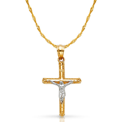 14K Gold Crucifix Cross Pendant with 1.2mm Singapore Chain