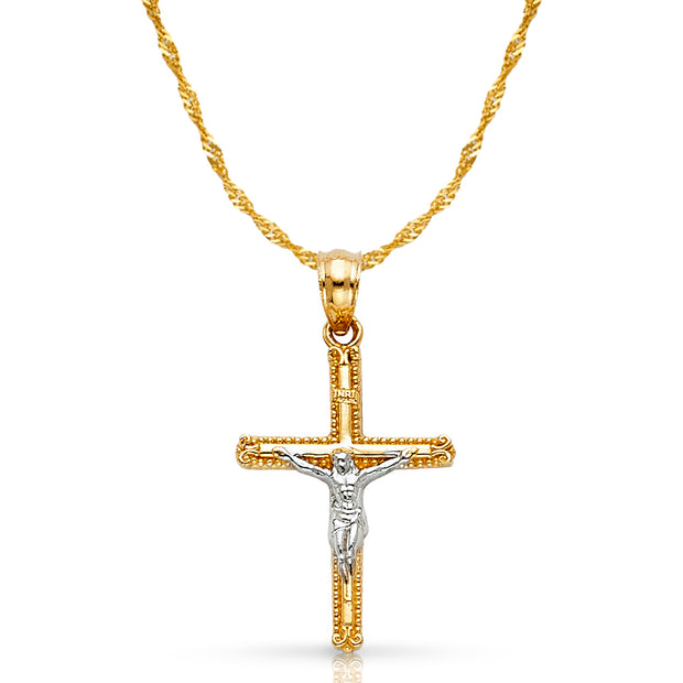 14K Gold Crucifix Cross Pendant with 1.2mm Singapore Chain