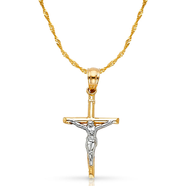 14K Gold Crucifix Cross Pendant with 1.2mm Singapore Chain