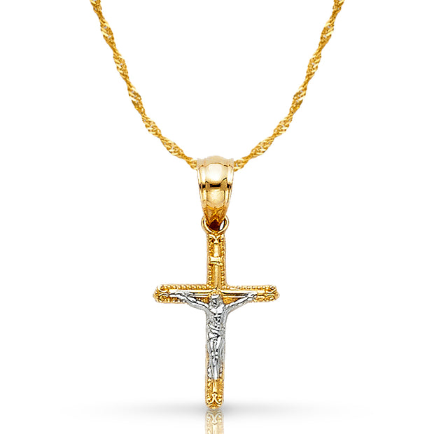 14K Gold Crucifix Cross Pendant with 1.2mm Singapore Chain