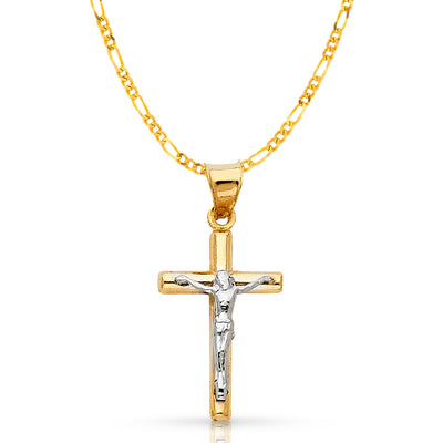 14K Gold Crucifix Cross Pendant with 2.3mm Figaro 3+1 Chain