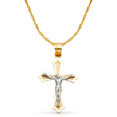 14K Gold Crucifix Cross Pendant with 1.2mm Singapore Chain