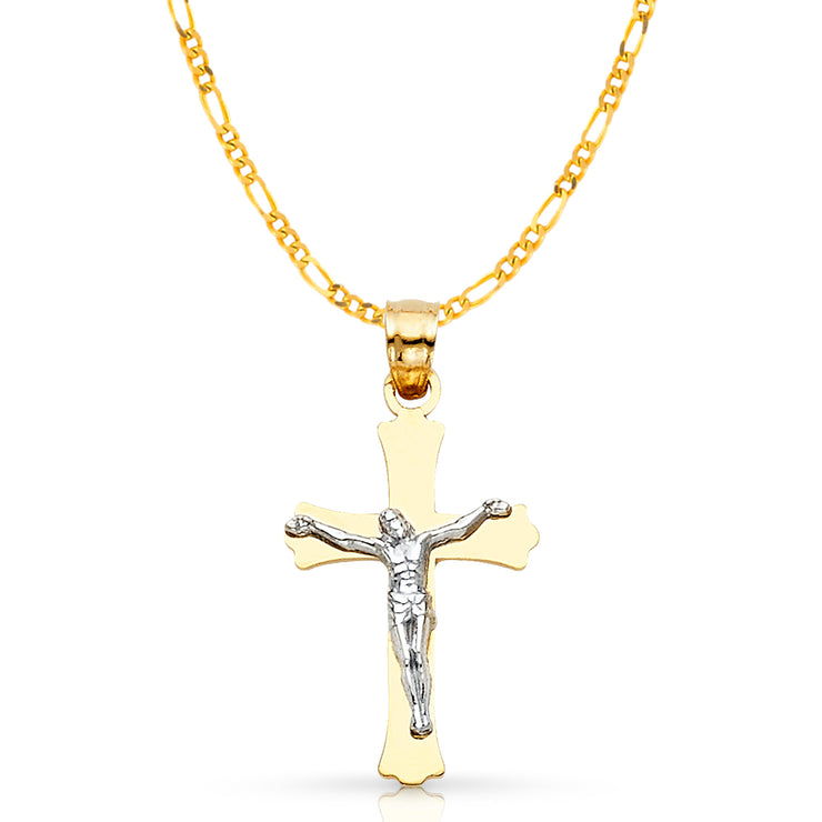 14K Gold Crucifix Cross Pendant with 2.3mm Figaro 3+1 Chain