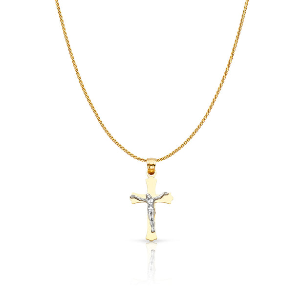 14K Gold Jesus Crucifix Cross Charm Pendant with 0.9mm Wheat Chain Necklace