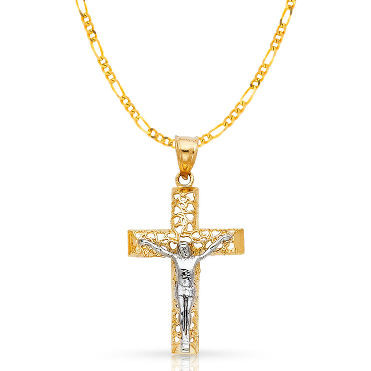 14K Gold Crucifix Cross Pendant with 3.1mm Figaro 3+1 Chain