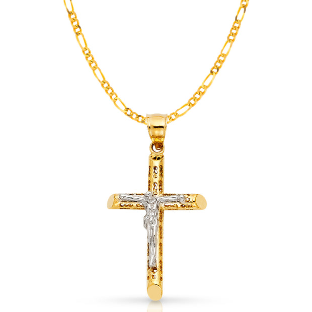 14K Gold Crucifix Cross Pendant with 3.1mm Figaro 3+1 Chain