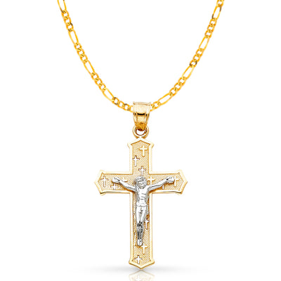 14K Gold Crucifix Cross Pendant with 3.1mm Figaro 3+1 Chain