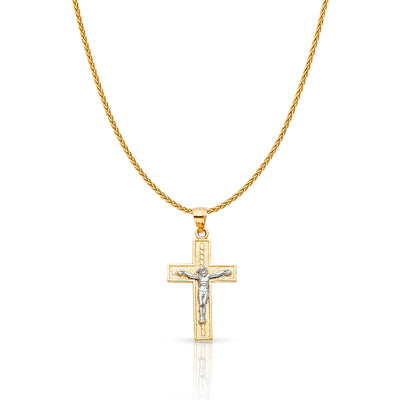 14K Gold Jesus Crucifix Cross Charm Pendant with 1.1mm Wheat Chain Necklace