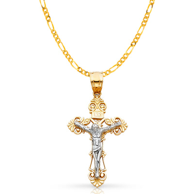 14K Gold Crucifix Cross Pendant with 2.3mm Figaro 3+1 Chain