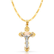 14K Gold Crucifix Cross Pendant with 3.1mm Figaro 3+1 Chain