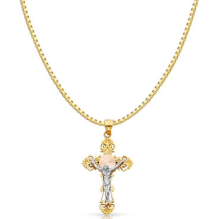 14K Gold Jesus Crucifix Cross Religious Charm Pendant with 1.2mm Box Chain Necklace