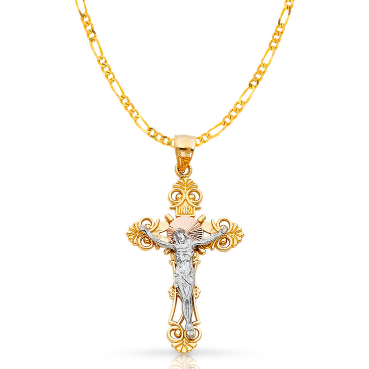 14K Gold Crucifix Cross Pendant with 3.8mm Figaro 3+1 Chain