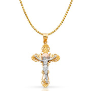 14K Gold Crucifix Cross Pendant with 1.7mm Flat Open Wheat Chain