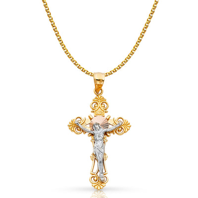 14K Gold Crucifix Cross Pendant with 1.7mm Flat Open Wheat Chain